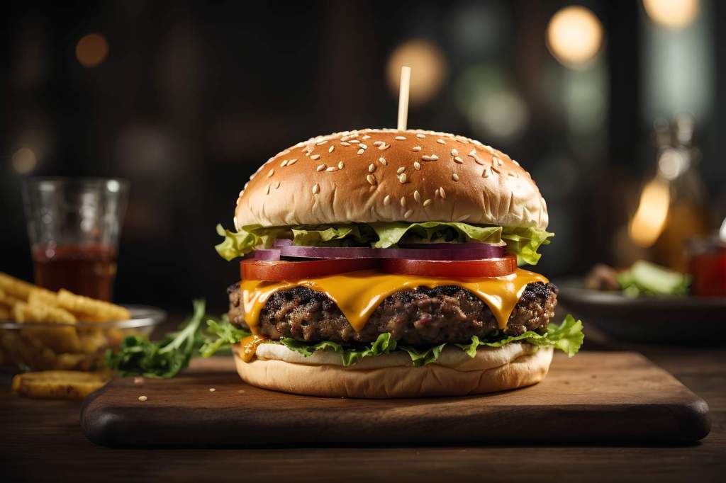 A juicy beef hamburger drips cheddar chese down its sides. This is a balanced burger.