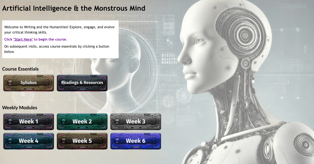 Course homepage for Artificial Intelligence & the Monstrous Mind with robot background, course essentials buttons, and six weekly module buttons.